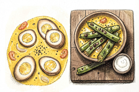 Curry de huevo con okra frita al aire