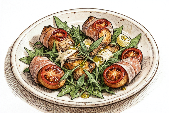 Involtini de Ternera con Salvia y Jamón Serrano en Freidora de Aire sobre Rúcula