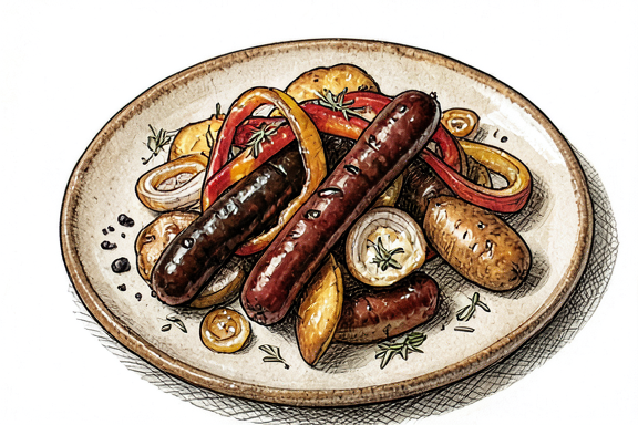 Salchicha italiana con pimientos y patatas asadas en freidora de aire