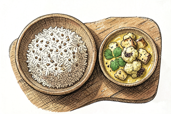 Aloo Gobi con Dal y Arroz