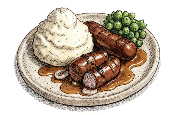Salchichas con Puré de Patatas y Salsa de Cebolla Caramelizada