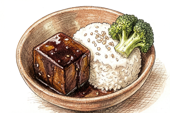 Buta no Kakuni con arroz y brócoli al vapor
