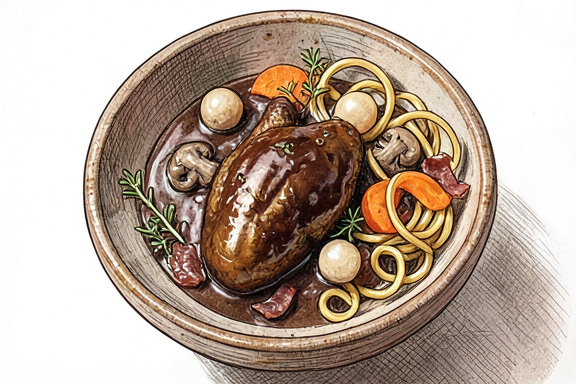 Coq au Vin con tallarines al huevo