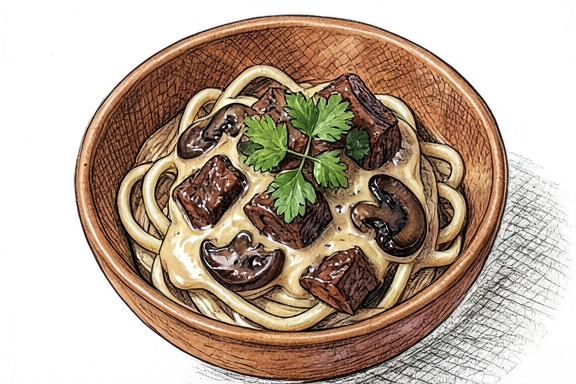 Estofado cremoso de ternera y champiñones con fideos al huevo