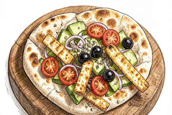 Dakos cretense con halloumi frito al aire
