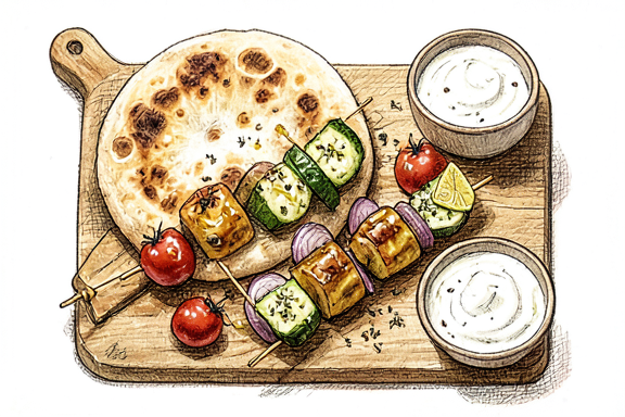 Brochetas chipriotas de halloumi y verduras