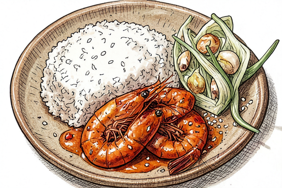 Ebi Chili con Col Salteada y Arroz