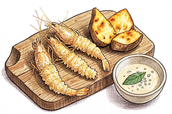 Tempura de gambas con boniato frito al aire