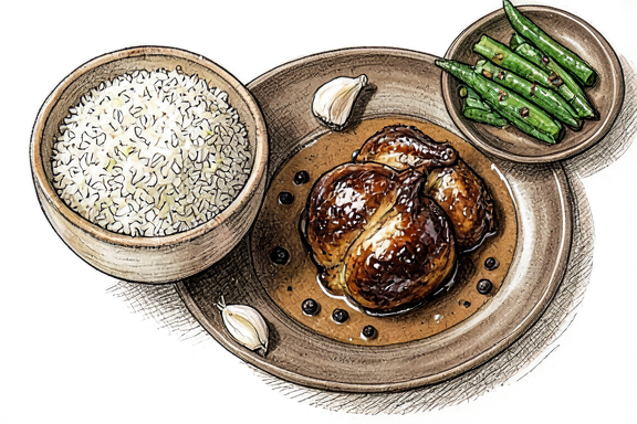 Adobo de pollo filipino con arroz al vapor y judías verdes salteadas