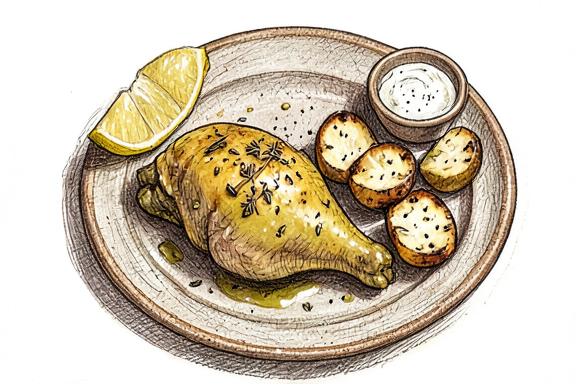 Pollo al limón griego con patatas fritas al aire