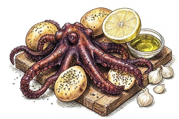 Pulpo a la parrilla con patatas al limón en freidora de aire