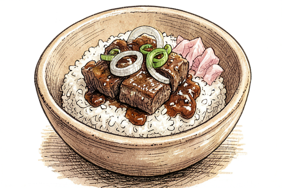 Gyudon con arroz al vapor y jengibre encurtido