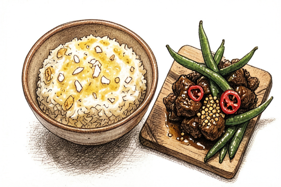 Rendang de res indonesio con arroz con coco y judías verdes