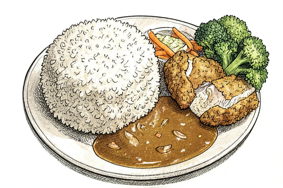 Katsu de pollo con curry, arroz y brócoli al vapor