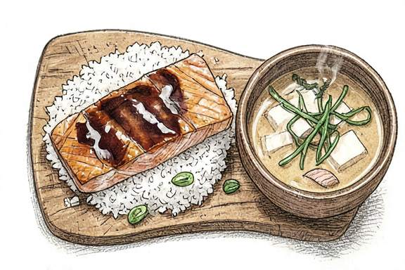 Salmón teriyaki japonés con sopa de miso y arroz al vapor