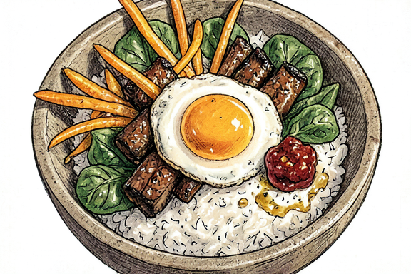 Bibimbap coreano con ternera, espinacas, zanahorias y gochujang