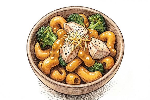 Macarrones con queso, brócoli y pollo