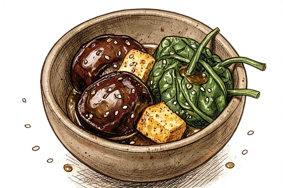 Nasu Dengaku con tofu frito al aire y espinacas