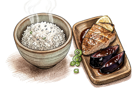 Nasu Miso con Salmón a la Parrilla y Arroz