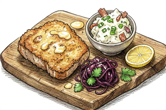 Schnitzel de cerdo con ensalada de patatas alemana y lombarda estofada