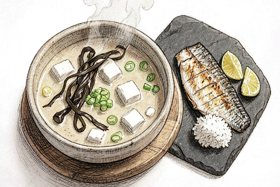 Saba Shioyaki con sopa de miso y arroz