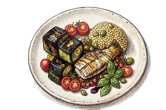 Caponata siciliana con pescado a la parrilla