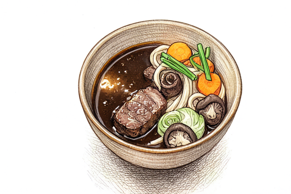 Sukiyaki con fideos udon y verduras