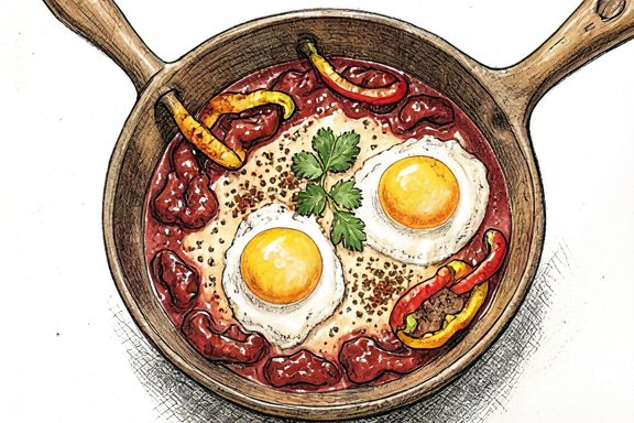 Shakshuka de huevo tunecino con pimientos fritos al aire
