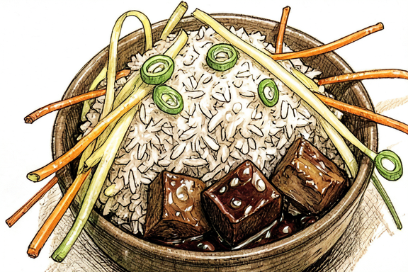 Cuencos de cerdo caramelizado vietnamita (Thit Kho) con arroz y daikon encurtido